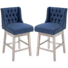 HOMCOM 27" Swivel Bar Stools Set of 2, Counter Height with Linen Upholstery and Button Tufted Design, Blue