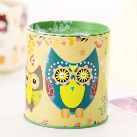1pc Cartoon Owl Houndstooth Iron Material Round Storage Tank Money Bank (Color: Yellow)