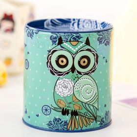 1pc Cartoon Owl Houndstooth Iron Material Round Storage Tank Money Bank (Color: green)