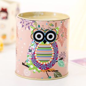 1pc Cartoon Owl Houndstooth Iron Material Round Storage Tank Money Bank (Color: Pink)