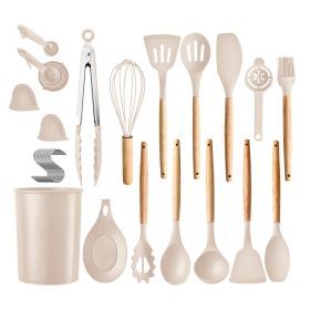 35Pcs Kitchen Cooking Utensils Set Spatula Set Baking Utensil Set Kitchen Accessories Necessities with Holder Egg Whisk Separator Tong Turner Spo (Color: Khaki, size: One size)